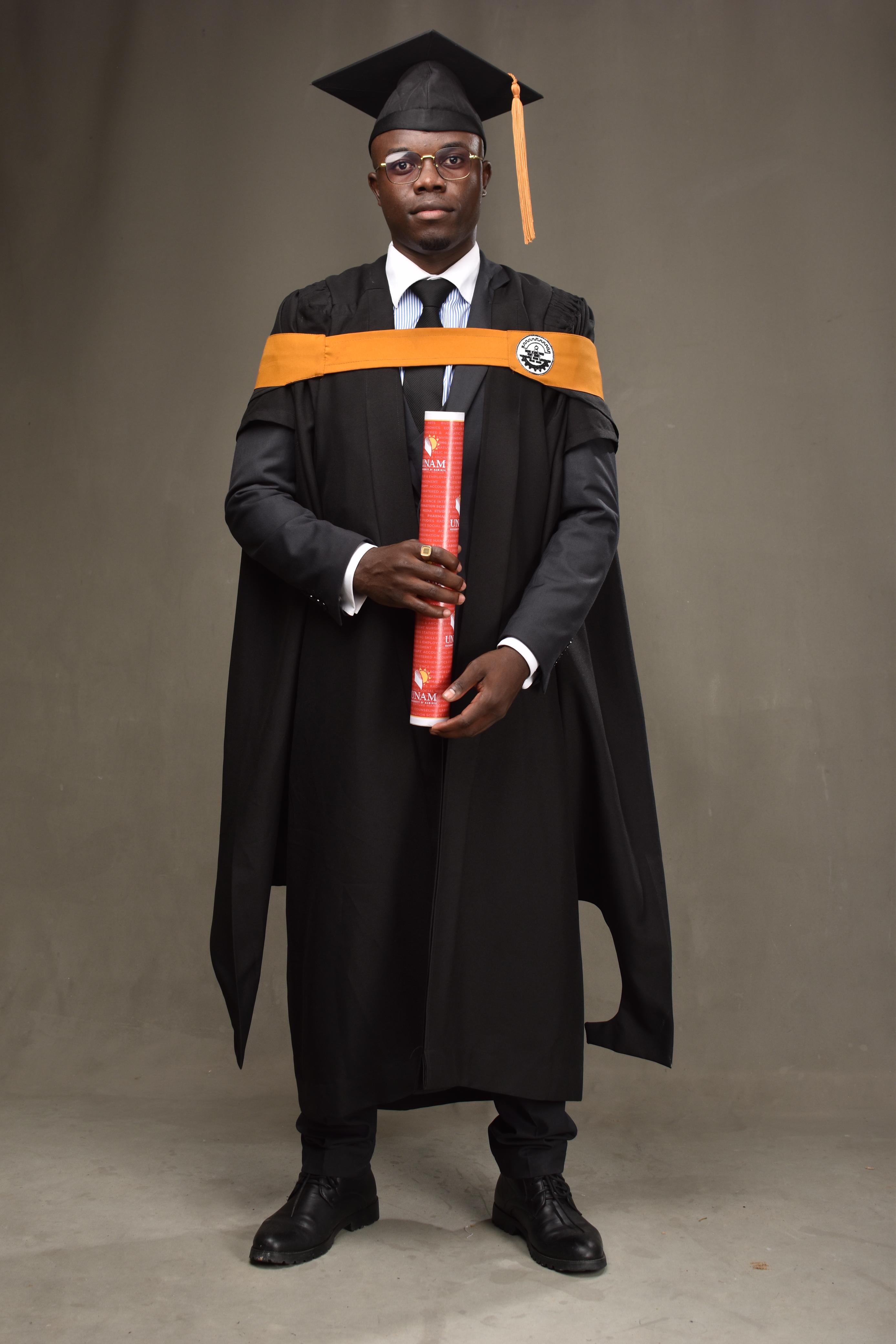 Tsenaye Namushinga in graduation regalia
