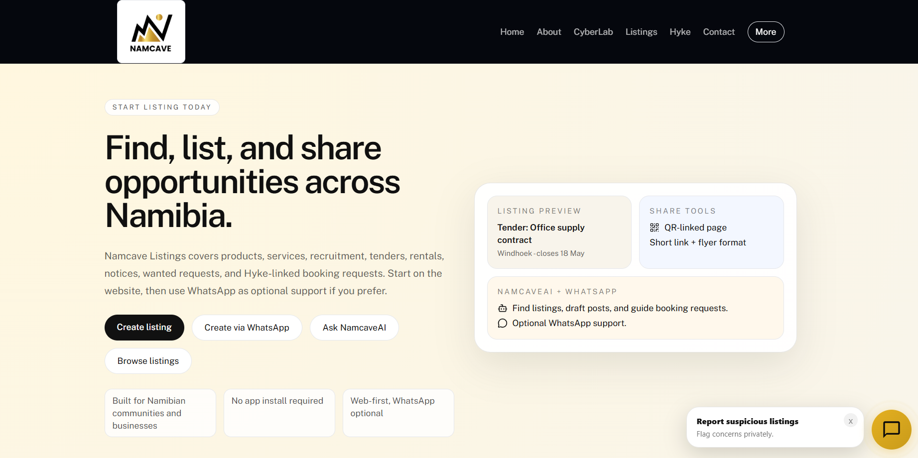 Namcave Listings project preview
